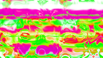 Abstract psychedelic glitch waves with neon colors, distorted digital fluid texture and VHS scanline effect