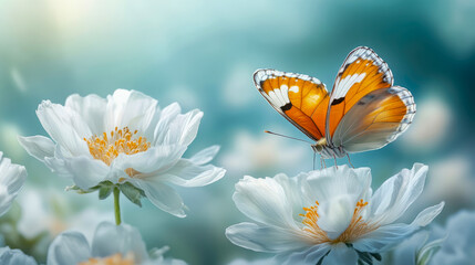 Obraz premium Close-up of stunning orange and white butterfly landing on pristine white blossom, surrounded by dreamy, blurred background of natural blue and green hues, evoking sense of tranquility and delicate wi