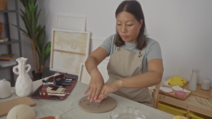 Woman kneading clay with hands at a studio worktable, shaping pottery while wearing an apron and surrounded by carving tools and vases; focused creativity. - Powered by Adobe
