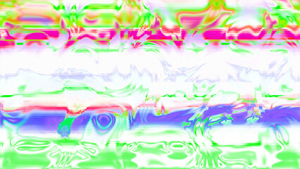 Abstract psychedelic glitch waves with neon colors, distorted digital fluid texture and VHS scanline effect