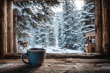 Enjoying a cozy winter moment with a warm cup by the cabin window as snow blankets the tranquil pine forest surroundings