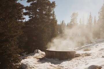 Warm steam rises from a cozy hot tub nestled in a snowy alpine landscape with tall pine trees and a serene winter atmosphere