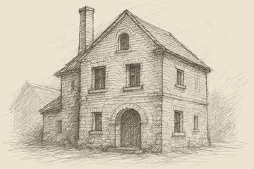 Obraz premium Line contour structured old shading sketch depth pencil building vector illustration