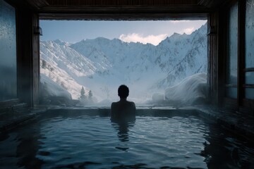 Obraz premium Relaxing in a hot spring tub with a view of snow-covered mountains in winter wonderland