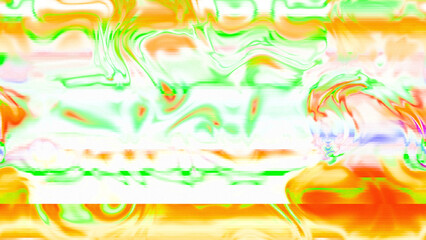 Abstract psychedelic glitch waves with neon colors, distorted digital fluid texture and VHS scanline effect