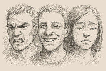 Emotions vector multiple joy sketch emotional side hatching rough faces illustration