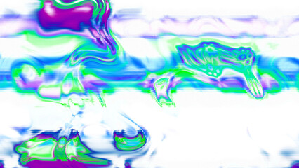Abstract psychedelic glitch waves with neon colors, distorted digital fluid texture and VHS scanline effect