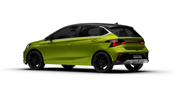 Rear left three-quarter view of the green colored modern hatchbag car with transparent background.