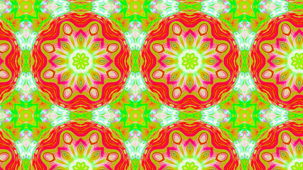 Seamless psychedelic kaleidoscope pattern with neon green, pink and orange mandala symmetry