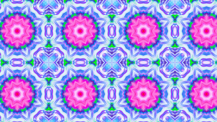 Seamless psychedelic kaleidoscope pattern with neon green, pink and orange mandala symmetry