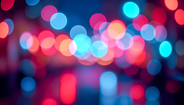 An intense, bright background of defocused light balls in contrasting blue, red, and warm colors, reminiscent of a lively cityscape at night.