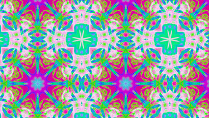 Seamless psychedelic kaleidoscope pattern with neon green, pink and orange mandala symmetry