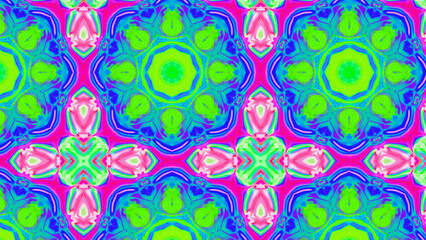 Seamless psychedelic kaleidoscope pattern with neon green, pink and orange mandala symmetry