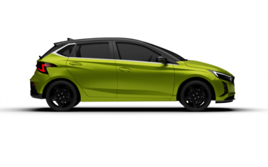 Complete right side profile of the green colored modern hatchbag car on transparent background.
