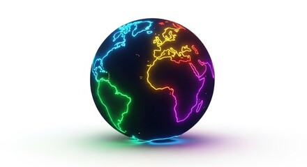 A vibrant, glowing globe with continents outlined in neon colors against a white background.