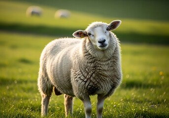Obraz premium A fluffy white sheep stands prominently in a vibrant green pasture, looking directly at the viewer under warm, natural sunlight.