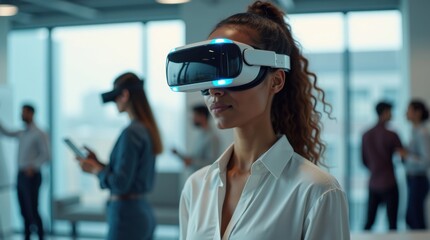 Profesional que utiliza gafas de realidad virtual para ejercicios interactivos de trabajo en equipo en un entorno de trabajo moderno