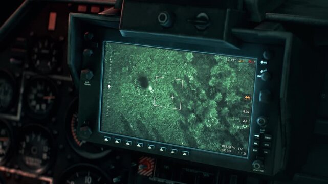 Night vision military radar surveillance of the combat mission battlefield. Night vision military system searching for enemy at mission area. Night vision military weapon killing enemy during mission.