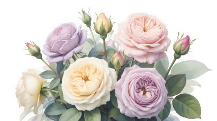Fototapeta premium Soft pastel english roses and buds in a floral arrangement isolated on transparent background