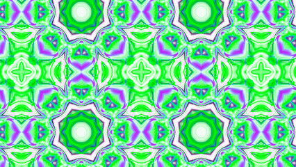 Seamless psychedelic kaleidoscope pattern with neon green, pink and orange mandala symmetry