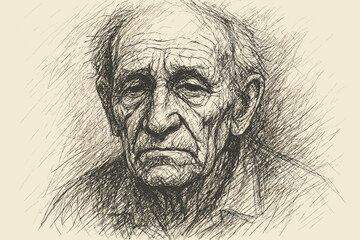 Sketch face crosshatching expressive rough strokes illustration defined wrinkles elderly vector