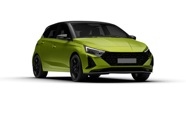 Front right three-quarter view of the green colored modern hatchbag car with transparent background.
