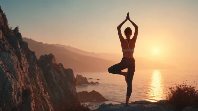 Woman practicing yoga in tree pose on rocky cliff at sunrise, overlooking the ocean and mountains. Serene morning meditation scene with vibrant sunlight and peaceful natural landscape