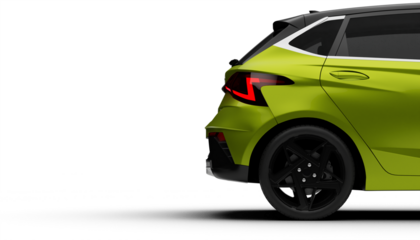 Rear right side view of green colored modern hatchbag car isolated on transparent background.