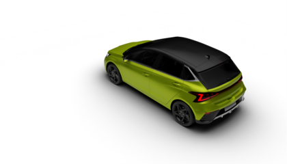 Rear left side view of green colored modern hatchbag car from slightly elevated angle, isolated on transparent background.