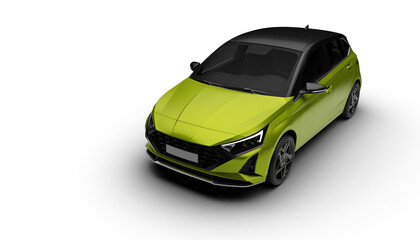 Front left side view of green colored hatchbag car from slightly elevated perspective, transparent...