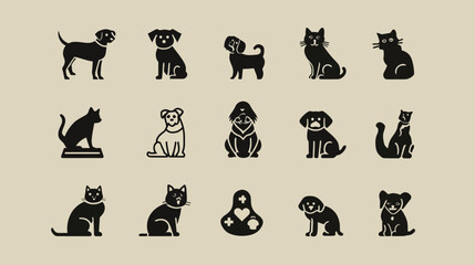 A diverse collection of black cat and dog silhouette icons.