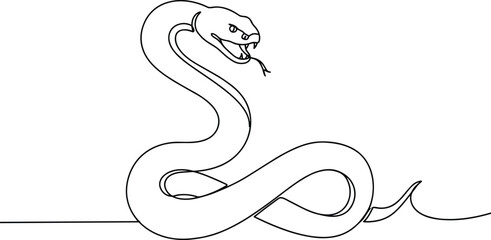 Fototapeta premium Stylized black and white snake illustration with coiled body, open mouth, fangs, and tongue for tattoo, wildlife, and design use