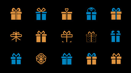 A diverse set of glowing orange and blue gift box icons.