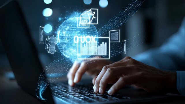 Person typing on laptop with glowing digital TAX hologram, representing e-tax filing, financial technology, and the future of digital taxation systems.
