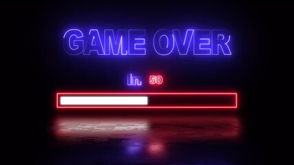 animated game over neon text with countdown and loading progress bar on wet reflective floor - for gaming, stream screen, and futuristic vfx - Powered by Adobe