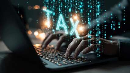 Hands typing on laptop with floating TAX hologram made of binary code, symbolizing cybersecurity, data encryption, and digital transformation in financial systems.
 - Powered by Adobe