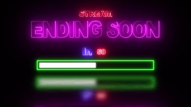 neon stream ending soon text along a loading bar in blue colour with reflection on black background