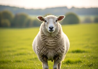 Fototapeta premium A fluffy white sheep stands in a vibrant green pasture, looking directly at the camera with a curious expression.