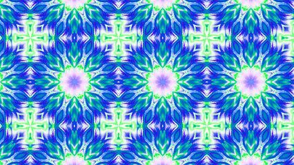 Seamless psychedelic kaleidoscope pattern with neon green, pink and orange mandala symmetry
