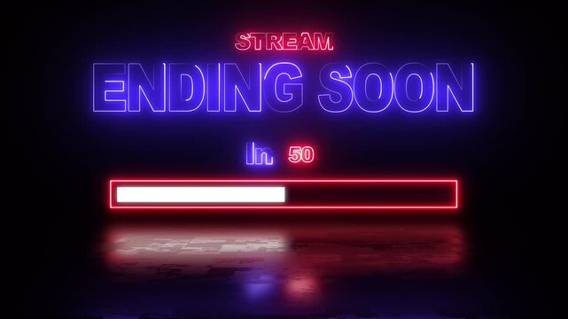 neon stream ending soon text along a loading bar in blue colour with reflection on black background
