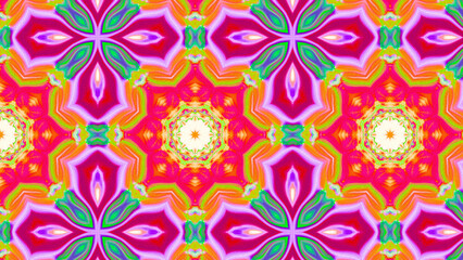 Seamless psychedelic kaleidoscope pattern with neon green, pink and orange mandala symmetry