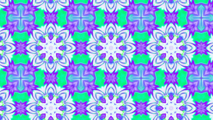 Seamless psychedelic kaleidoscope pattern with neon green, pink and orange mandala symmetry