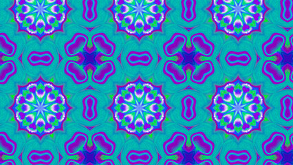 Seamless psychedelic kaleidoscope pattern with neon green, pink and orange mandala symmetry
