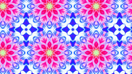 Seamless psychedelic kaleidoscope pattern with neon green, pink and orange mandala symmetry