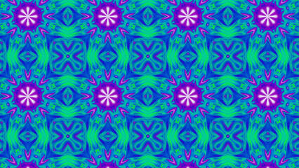 Fototapeta premium Seamless psychedelic kaleidoscope pattern with neon green, pink and orange mandala symmetry