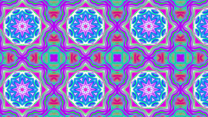 Seamless psychedelic kaleidoscope pattern with neon green, pink and orange mandala symmetry