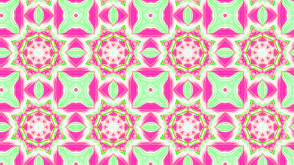 Seamless psychedelic kaleidoscope pattern with neon green, pink and orange mandala symmetry