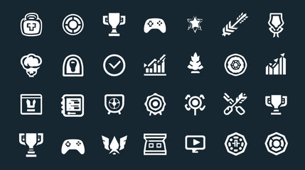 Obraz premium Collection of white gaming and achievement icons on a dark background.