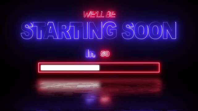 animated we'll be starting soon text in dual-color neon with timer and loading bar on dark floor background - for live stream intros and holding screens