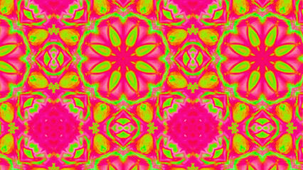 Seamless psychedelic kaleidoscope pattern with neon green, pink and orange mandala symmetry